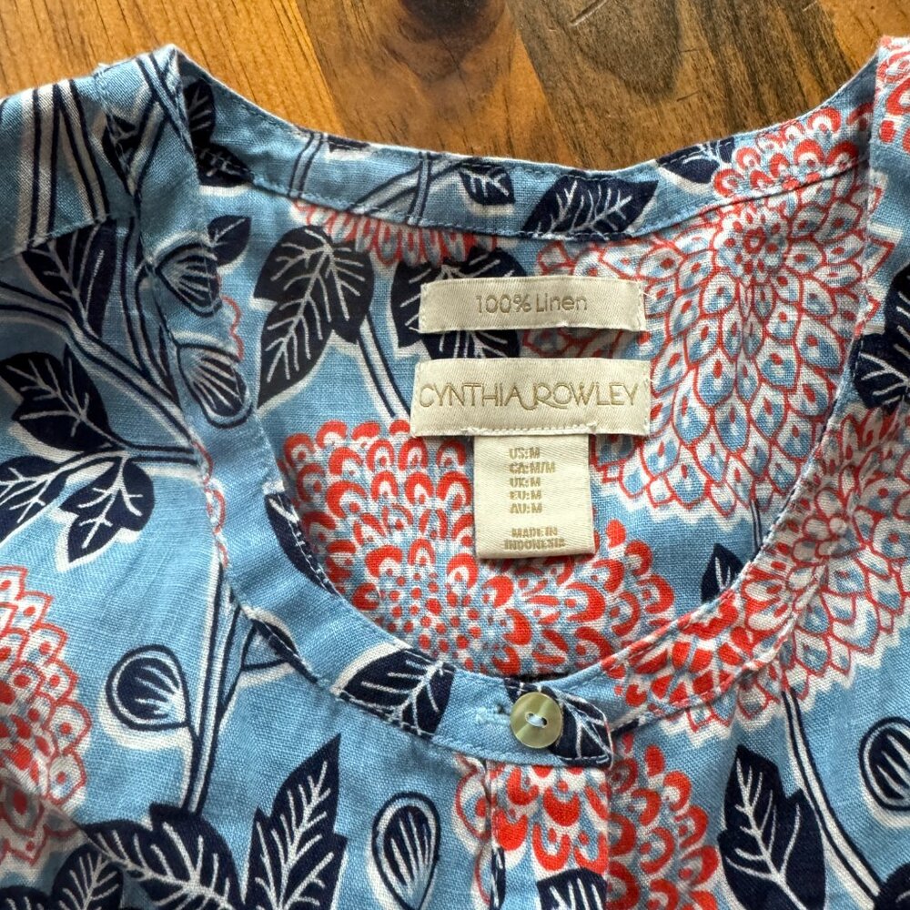 Like New Cynthia Rowley Linen Tank Top Tunic Red Blue Floral Button Front Sz M - Picture 6 of 6